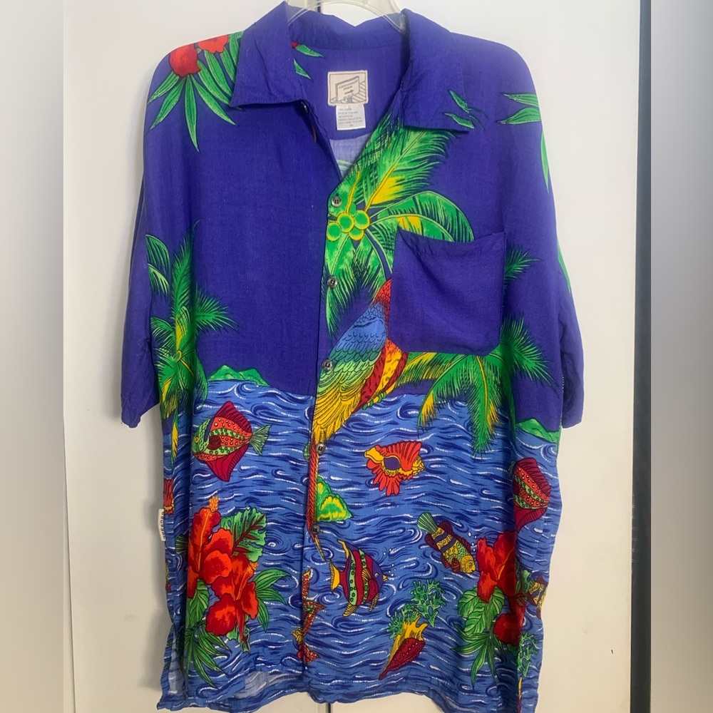 Coconut Pier Hawaiian Shirt, BlueTropical Floral print Rayon XL Beach Resortwear